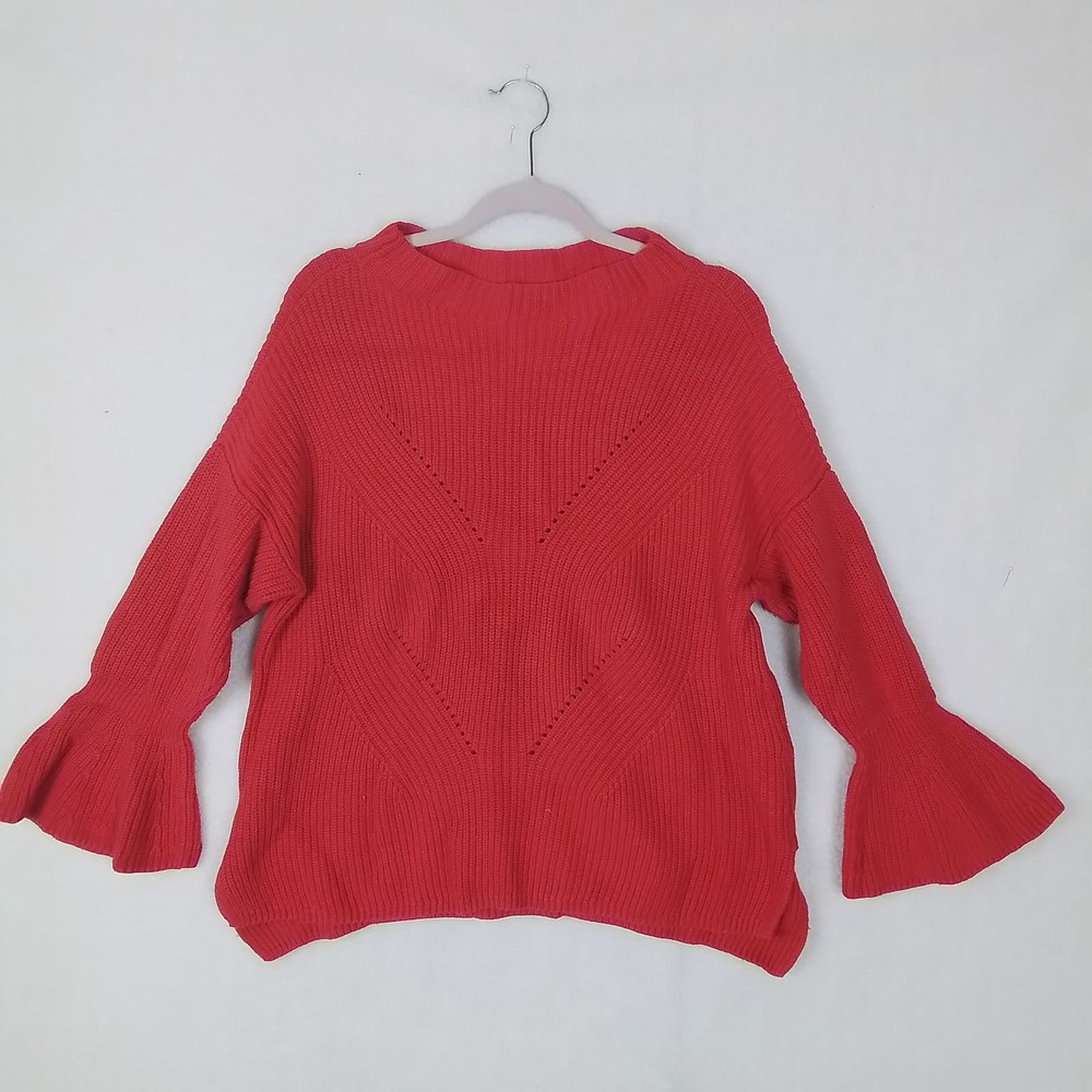 LOFT Chunky‎ Knit Mock Neck Sweater Size XL in Red w/ Flutter Wrist